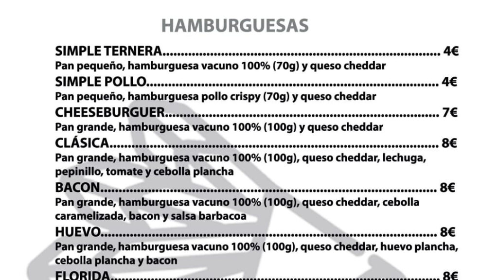 Ejemplo carta hamburguesería